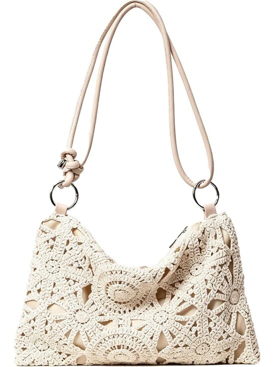 Handbags - Floral Hollow Out Woven Boho Bag, Metal Round Clasp Beach Bag, Holiday Casual St